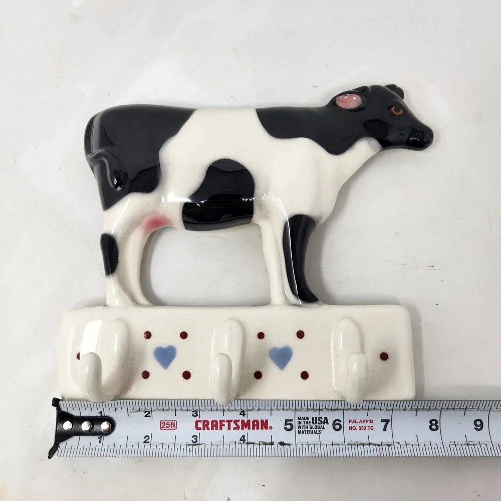 Vintage Clay Art 1987 Ceramic Cow Wall Hook Rack Black White Farmhouse Decor